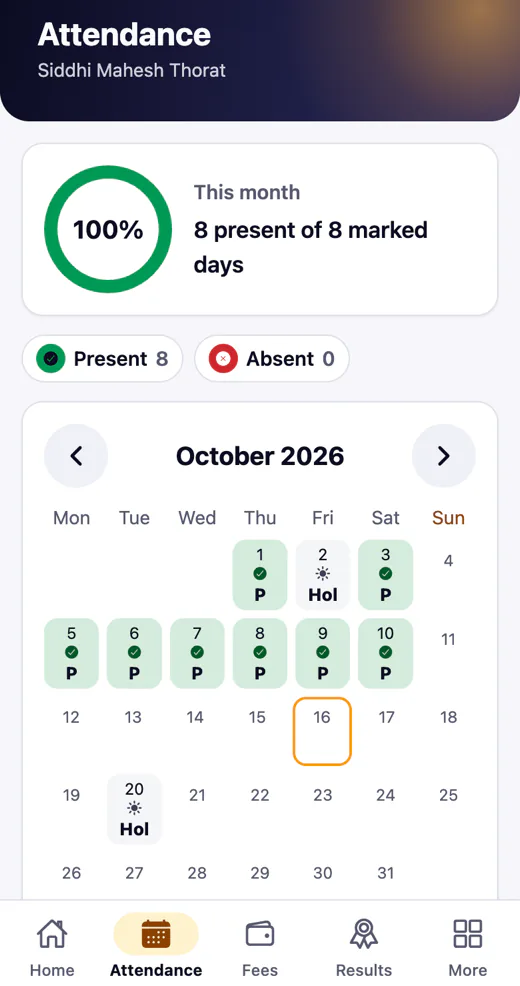 Attendance calendar for the month