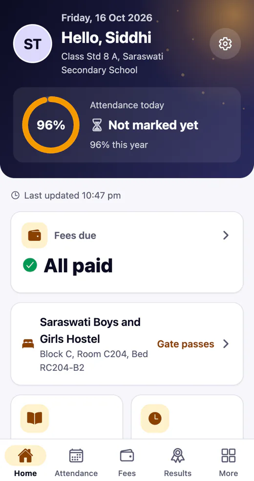 Parent app home with attendance, fees due and hostel room