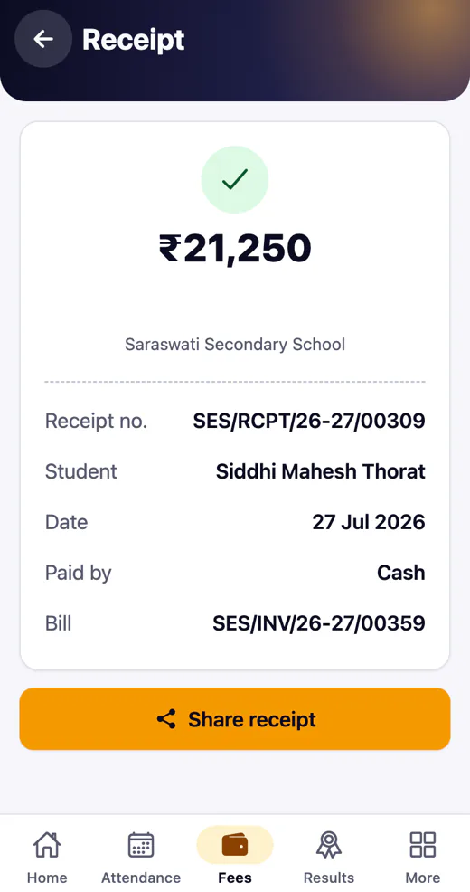 Parent app fee receipt with a share button