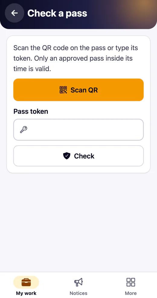 Gate: check a pass by QR or token