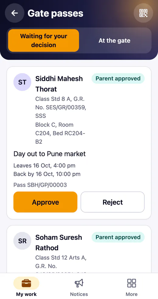 Warden app: gate passes waiting for approval