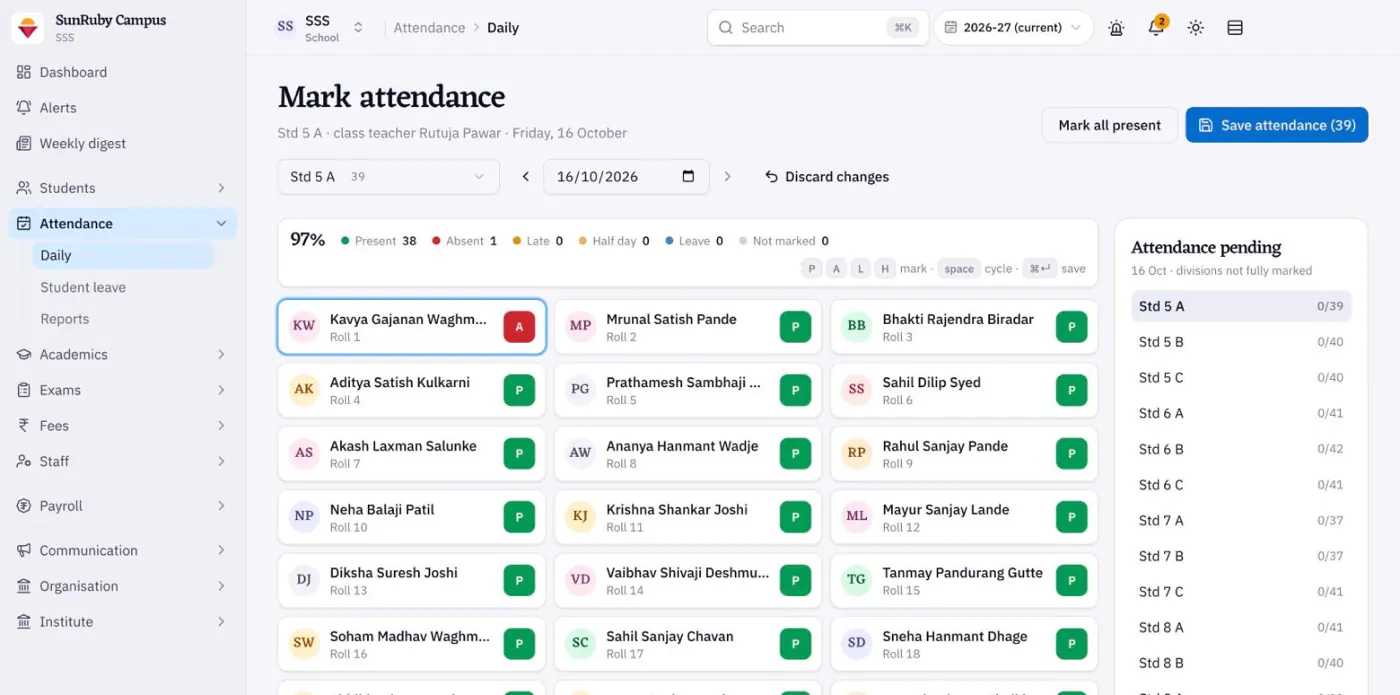Daily attendance screen with present, absent and late marks for a class