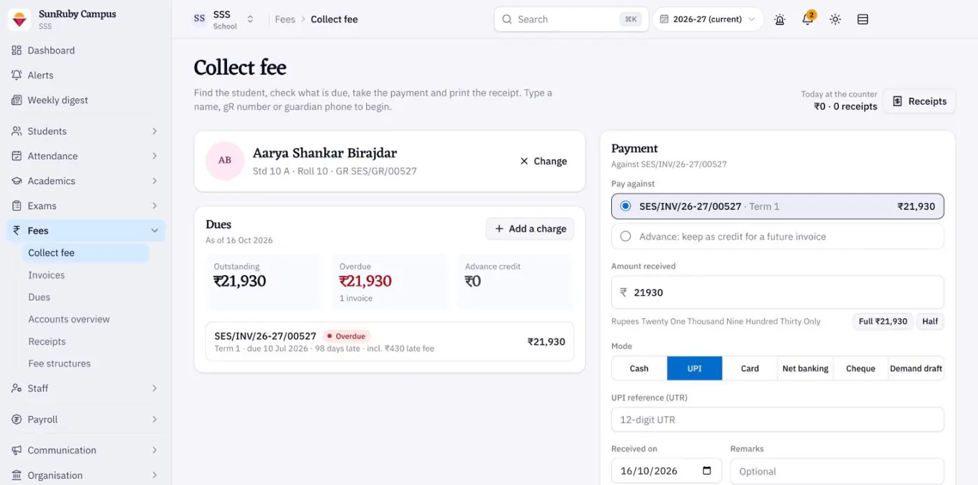 Collect fee screen with dues, invoice and UPI payment
