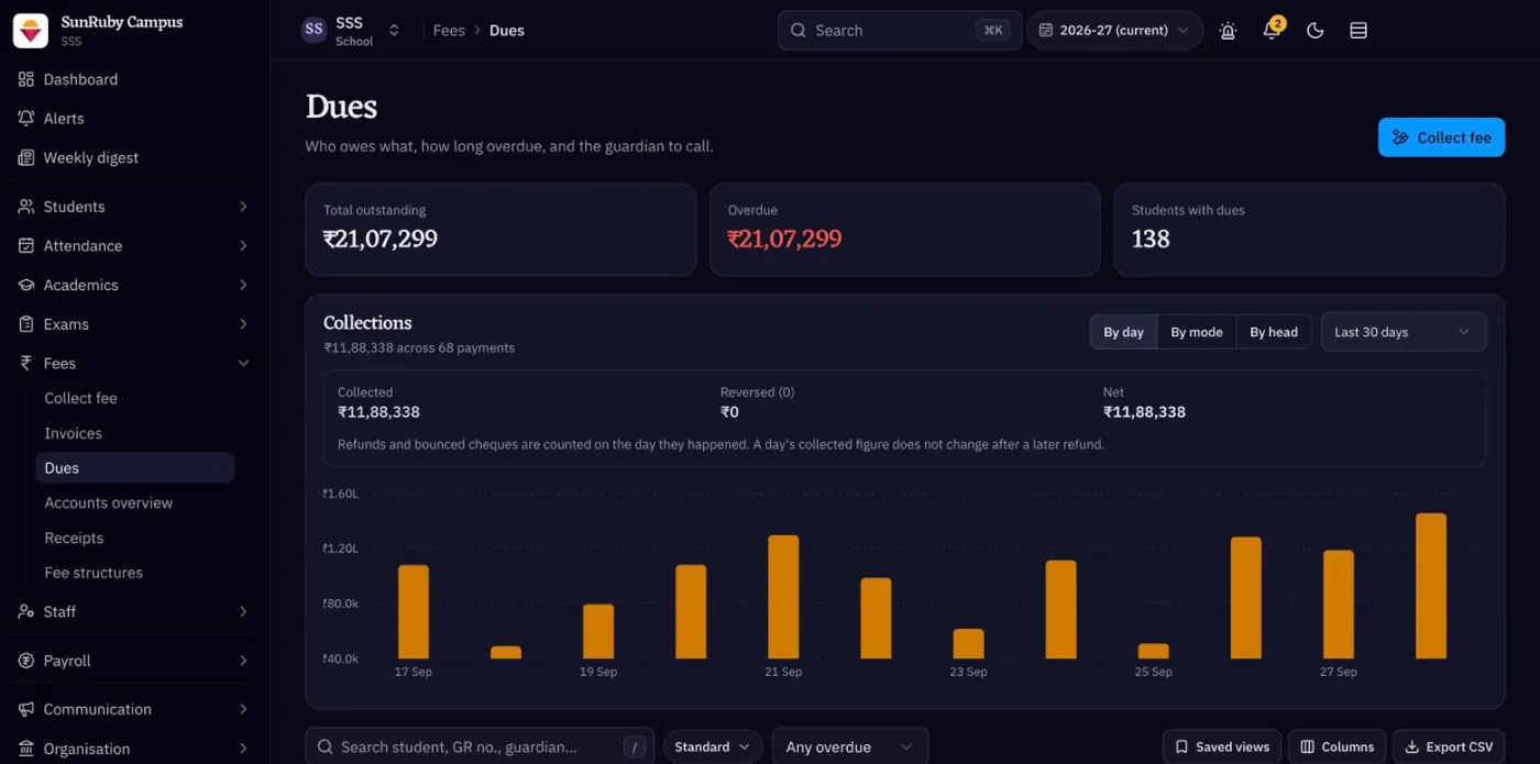 Fees dues screen in the dark theme