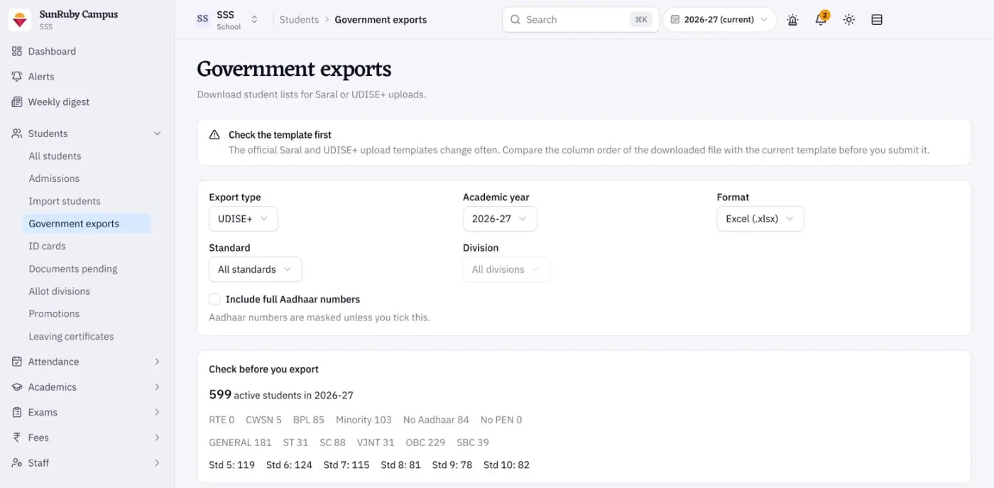 Government exports screen with UDISE+ selected and Aadhaar masked by default
