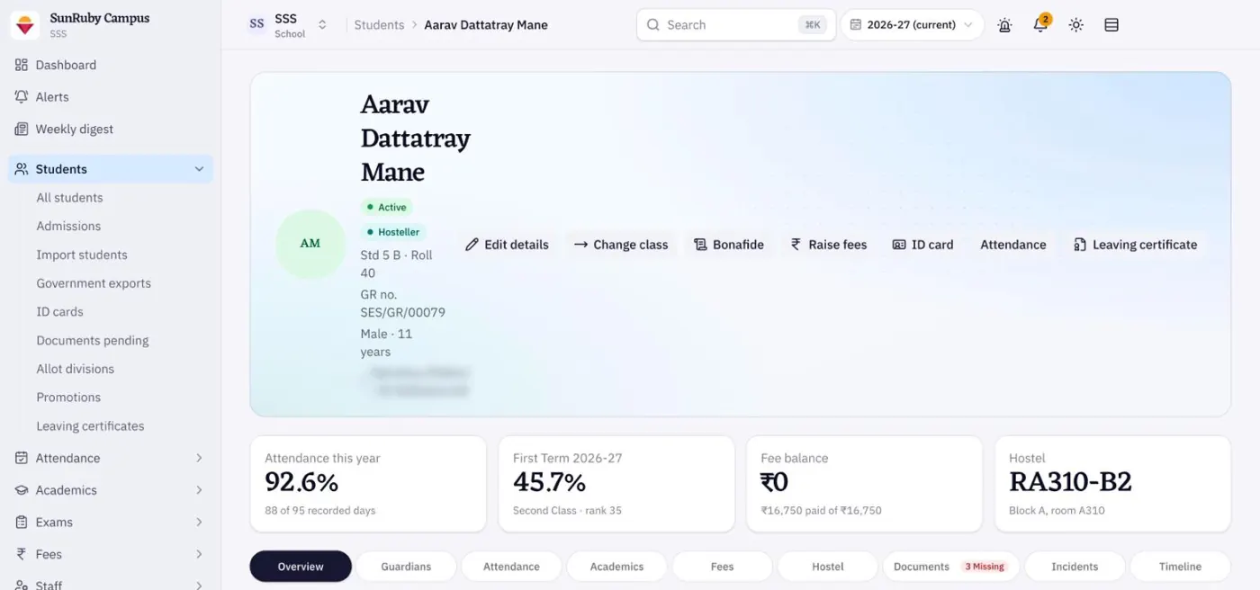 Student profile with attendance, term result, fee balance and hostel room